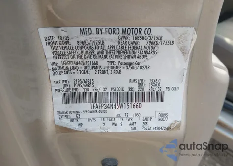 2006 Ford Focus Zx4 z USA, uszkodzony, nr VIN 1FAFP34N46W151660